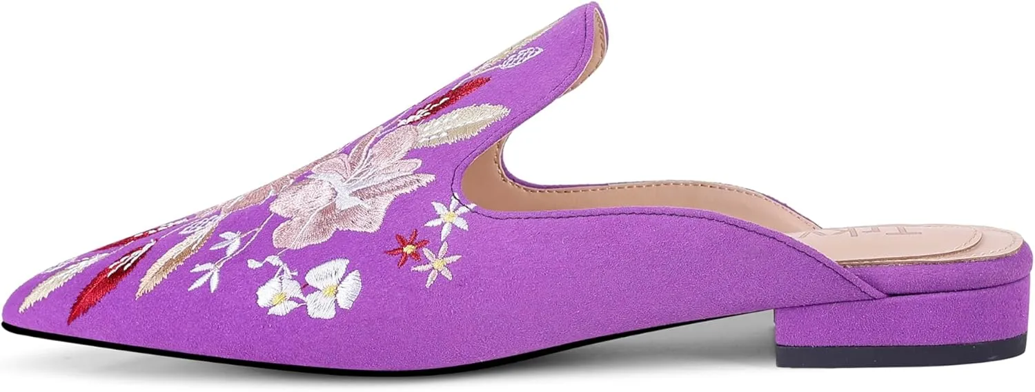 Mules for Women Pointed Toe Embroidered Shoes Comfortable Flats Backless Loafers