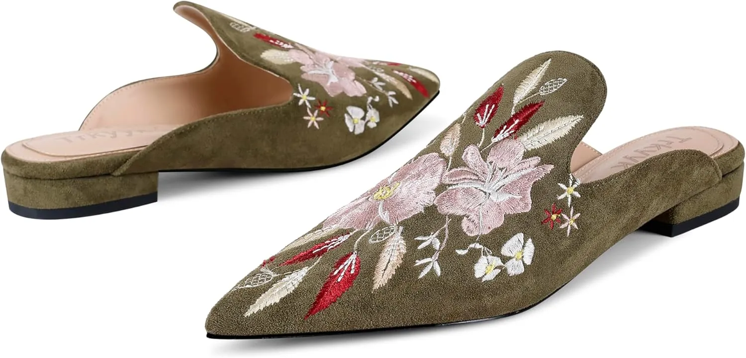 Mules for Women Pointed Toe Embroidered Shoes Comfortable Flats Backless Loafers