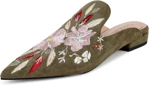 Mules for Women Pointed Toe Embroidered Shoes Comfortable Flats Backless Loafers