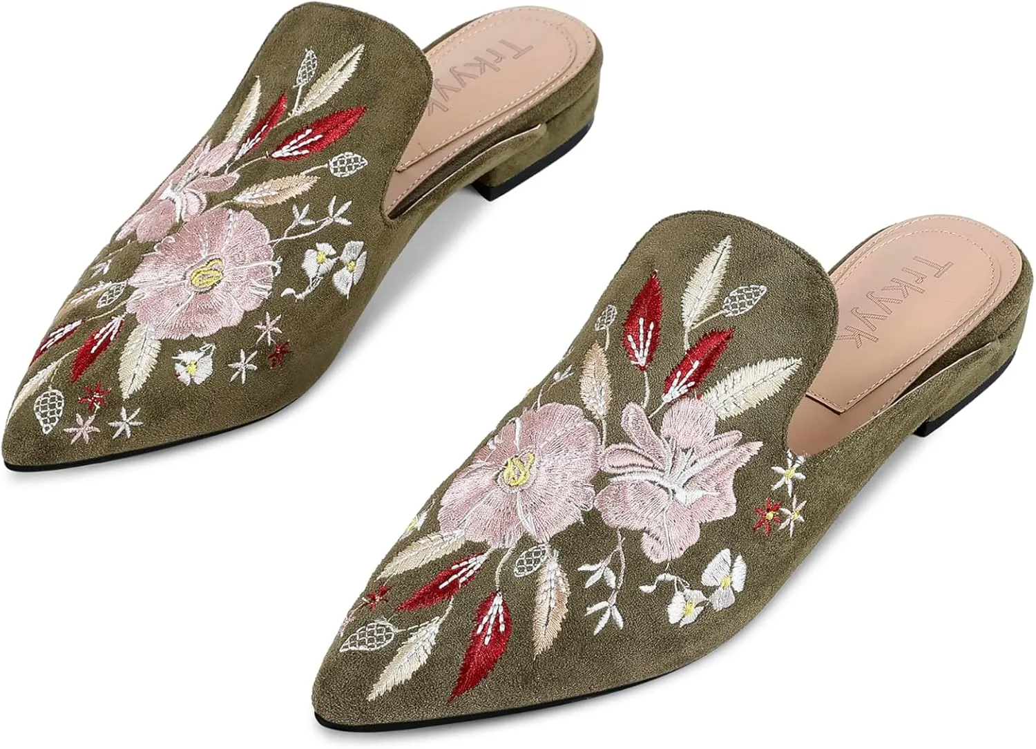 Mules for Women Pointed Toe Embroidered Shoes Comfortable Flats Backless Loafers