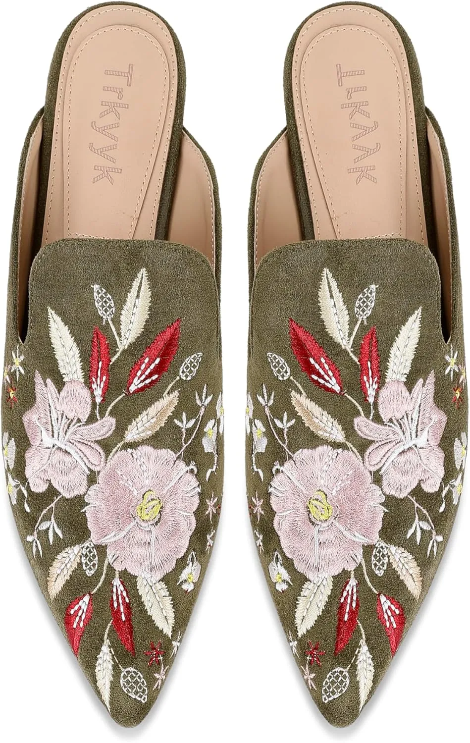 Mules for Women Pointed Toe Embroidered Shoes Comfortable Flats Backless Loafers