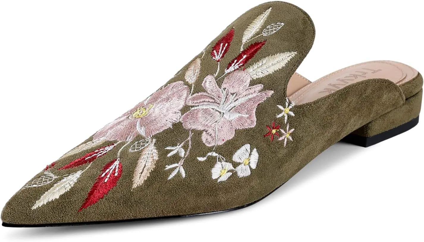 Mules for Women Pointed Toe Embroidered Shoes Comfortable Flats Backless Loafers