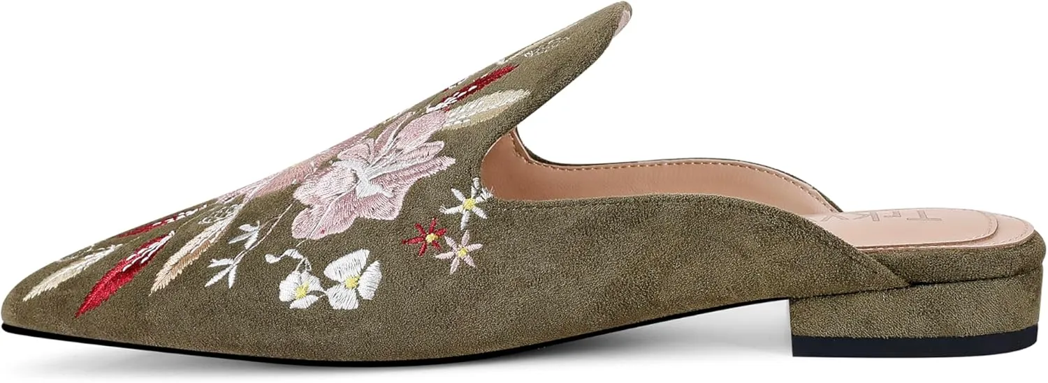 Mules for Women Pointed Toe Embroidered Shoes Comfortable Flats Backless Loafers
