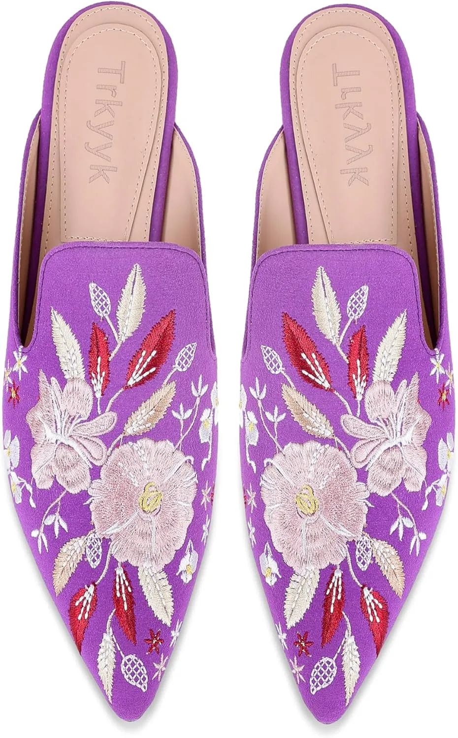 Mules for Women Pointed Toe Embroidered Shoes Comfortable Flats Backless Loafers
