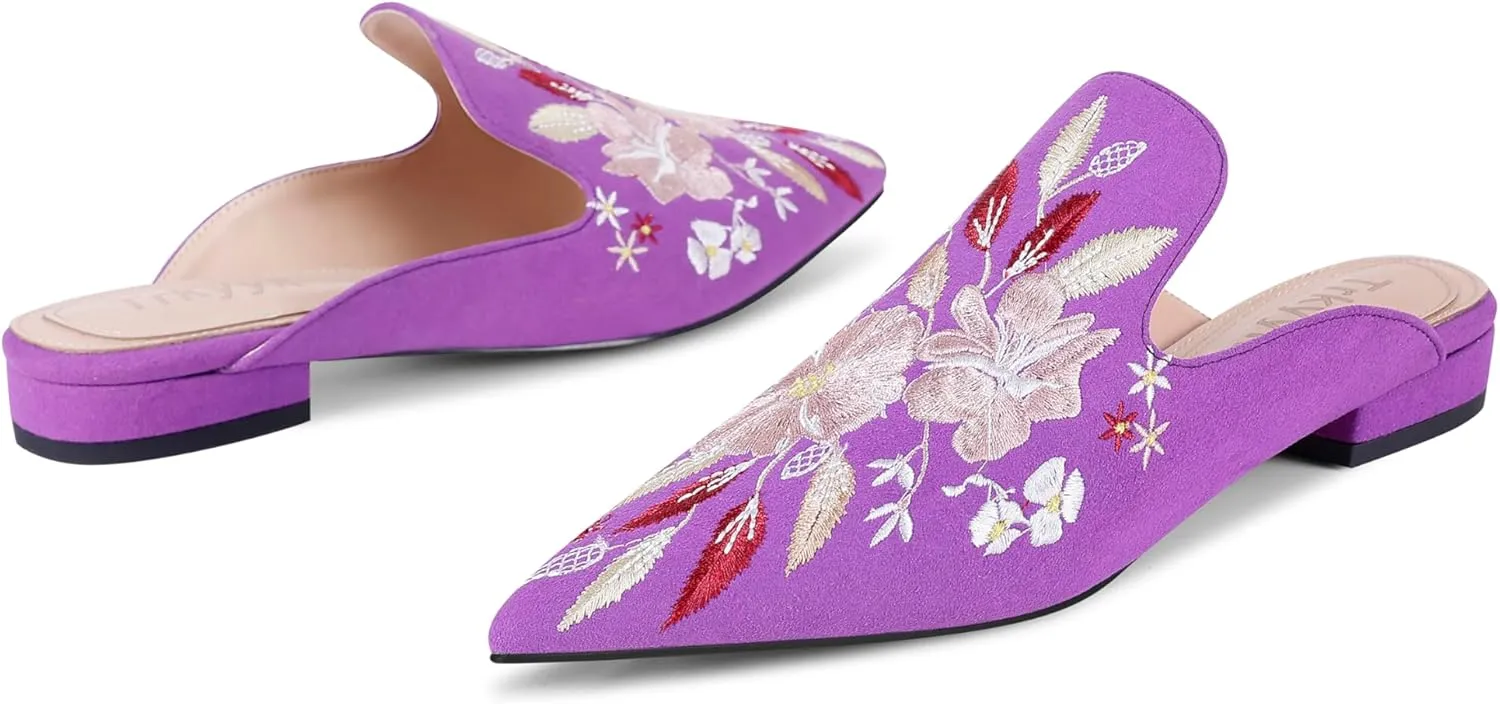 Mules for Women Pointed Toe Embroidered Shoes Comfortable Flats Backless Loafers