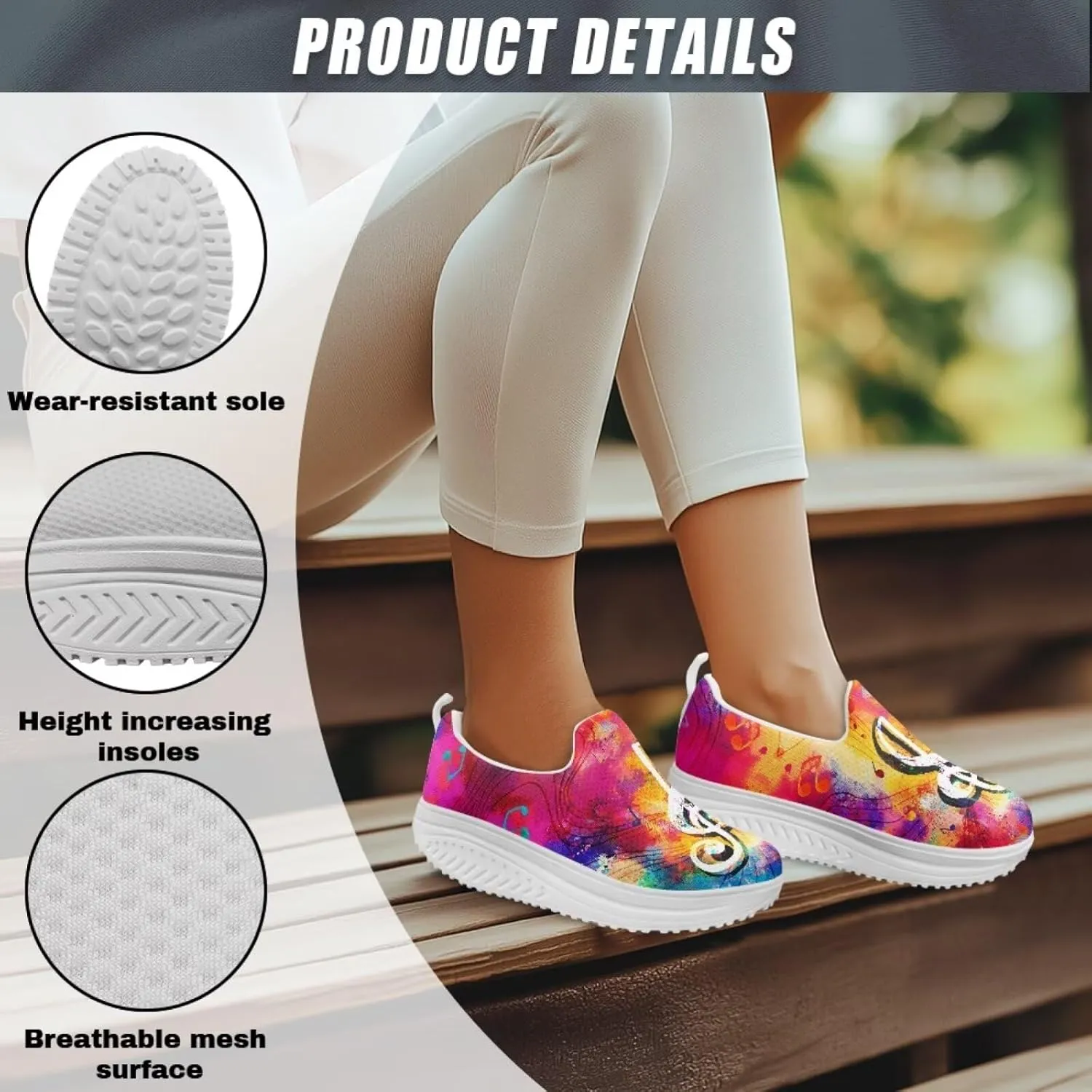 Music Note Womens Walking Sneakers Lightweight Platform Shoes Slip-on Casual Loafer for Outdoor Camping Gym