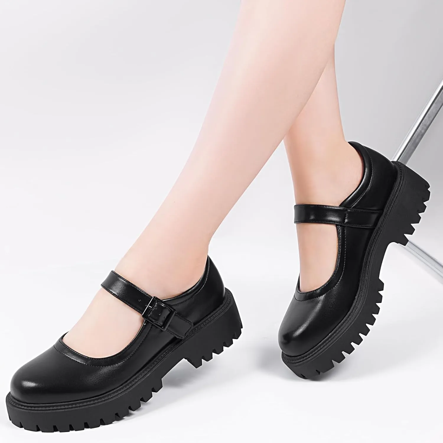 MUSSHOE Mary Jane Shoes Women Comfortable Casual Round Toe Platform Chunky Low Heel Flat Shoes with Ankle Straps