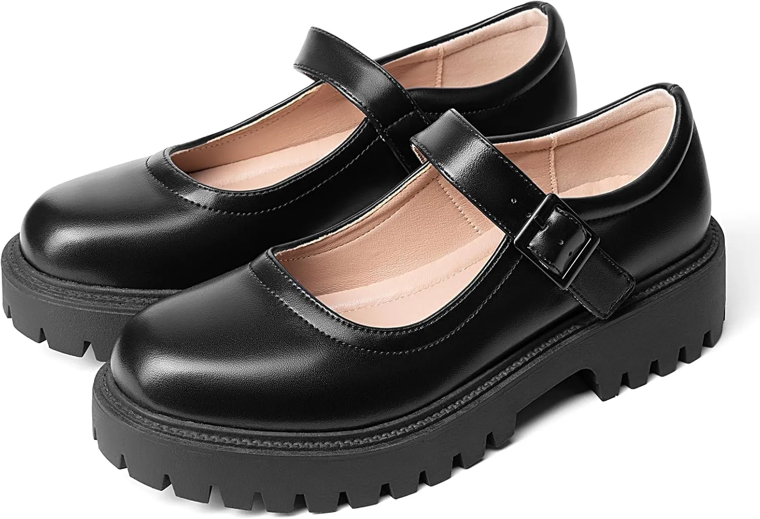MUSSHOE Mary Jane Shoes Women Comfortable Casual Round Toe Platform Chunky Low Heel Flat Shoes with Ankle Straps
