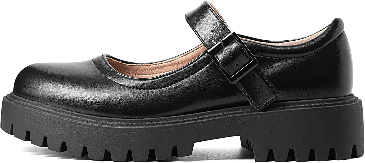 MUSSHOE Mary Jane Shoes Women Comfortable Casual Round Toe Platform Chunky Low Heel Flat Shoes with Ankle Straps
