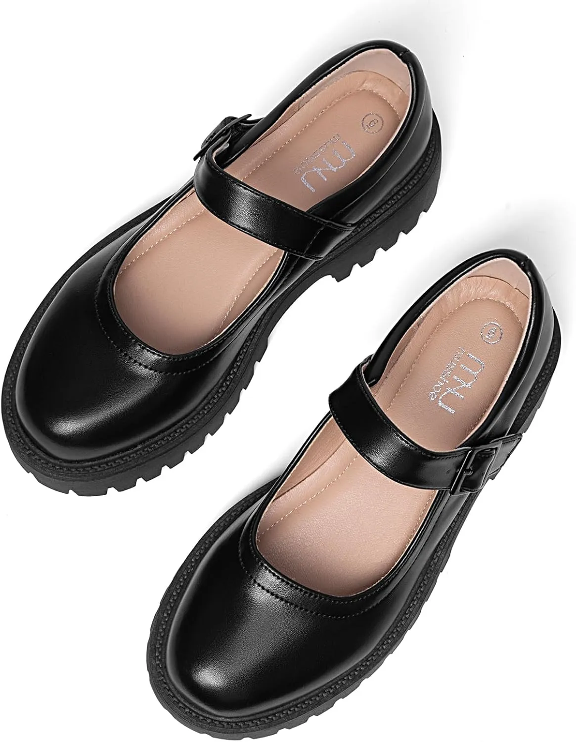 MUSSHOE Mary Jane Shoes Women Comfortable Casual Round Toe Platform Chunky Low Heel Flat Shoes with Ankle Straps