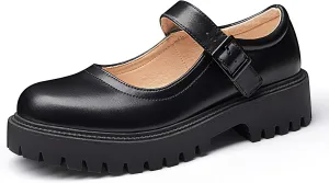 MUSSHOE Mary Jane Shoes Women Comfortable Casual Round Toe Platform Chunky Low Heel Flat Shoes with Ankle Straps