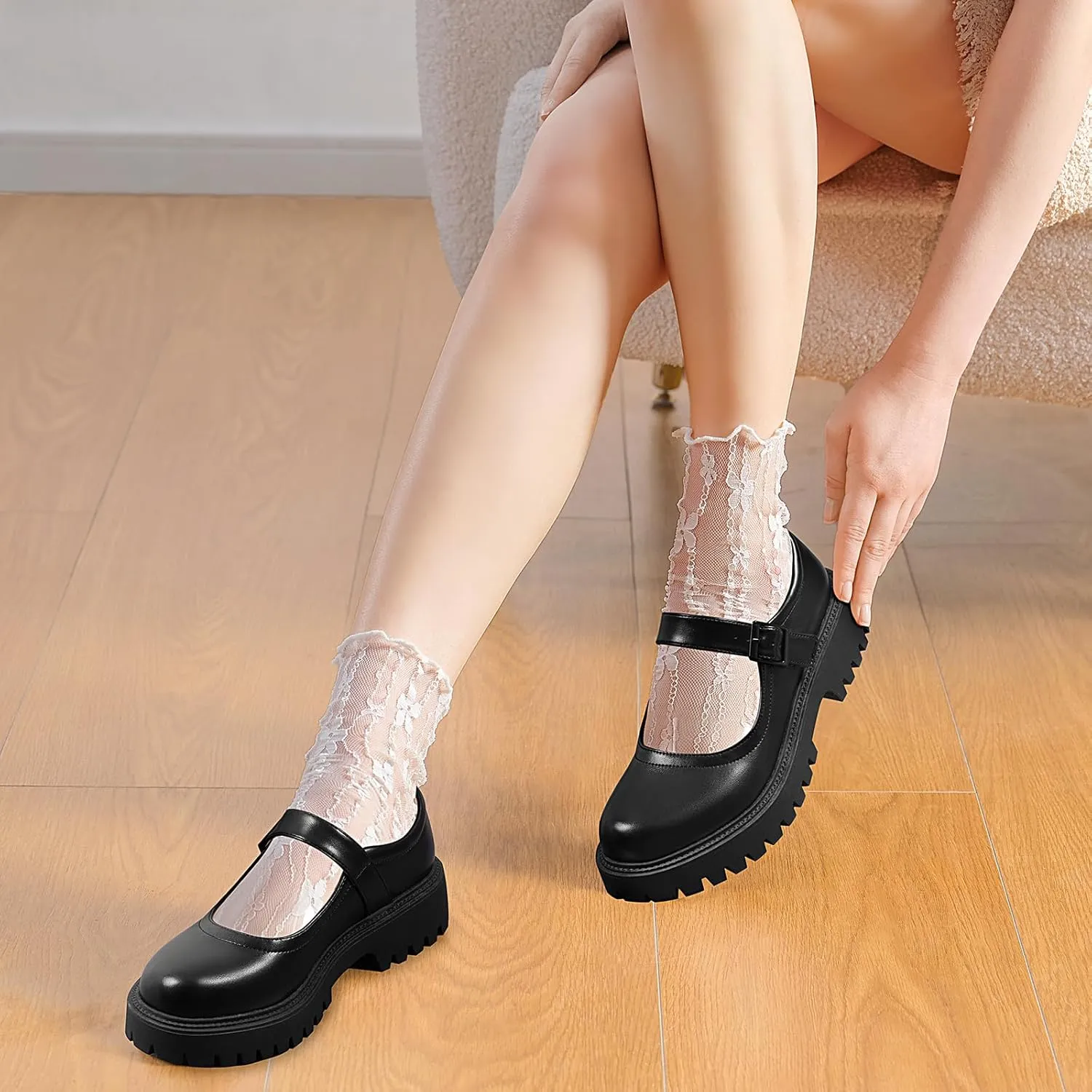 MUSSHOE Mary Jane Shoes Women Comfortable Casual Round Toe Platform Chunky Low Heel Flat Shoes with Ankle Straps