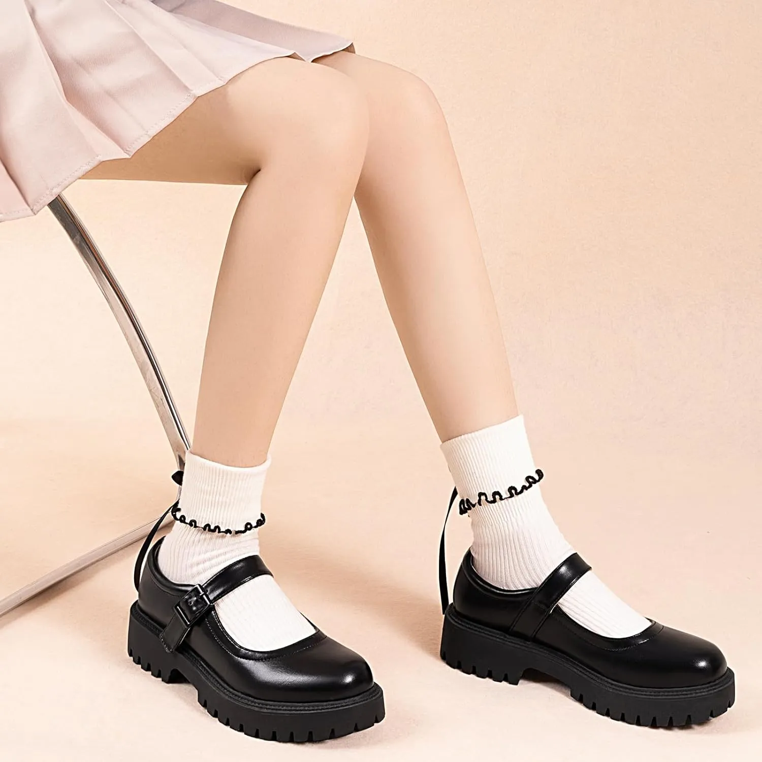 MUSSHOE Mary Jane Shoes Women Comfortable Casual Round Toe Platform Chunky Low Heel Flat Shoes with Ankle Straps