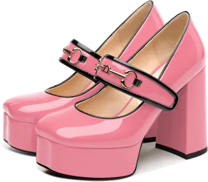 NUMALEO Mary Jane Shoes for Women Platform Mary Jane Heels High Chunky Block Closed Square Toe Strappy Pumps Patent Fashion Sexy Wedding Party Dress Shoes