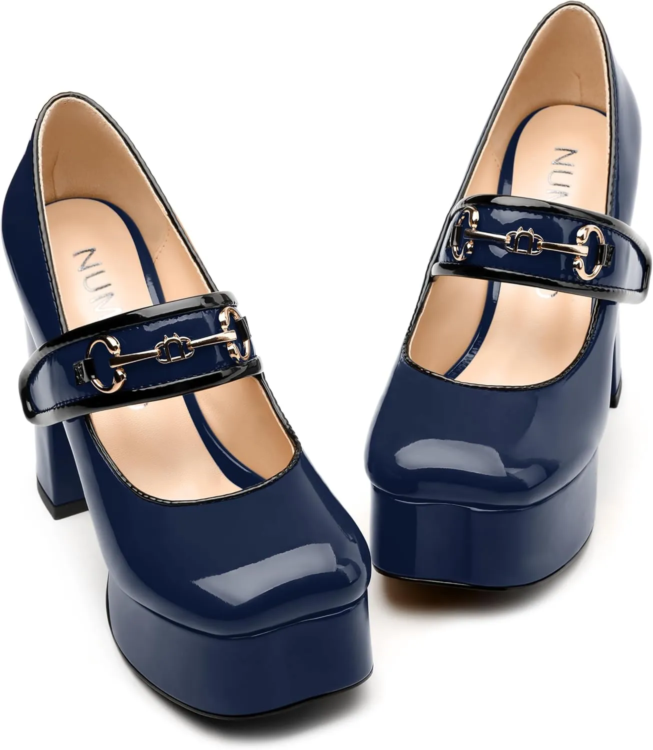 NUMALEO Mary Jane Shoes for Women Platform Mary Jane Heels High Chunky Block Closed Square Toe Strappy Pumps Patent Fashion Sexy Wedding Party Dress Shoes
