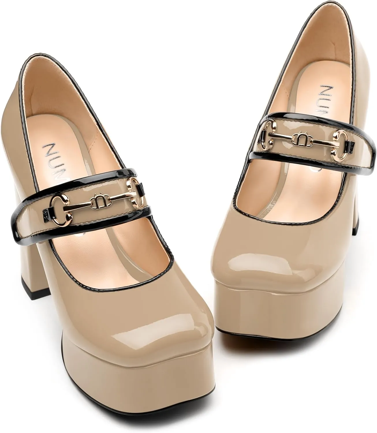 NUMALEO Mary Jane Shoes for Women Platform Mary Jane Heels High Chunky Block Closed Square Toe Strappy Pumps Patent Fashion Sexy Wedding Party Dress Shoes