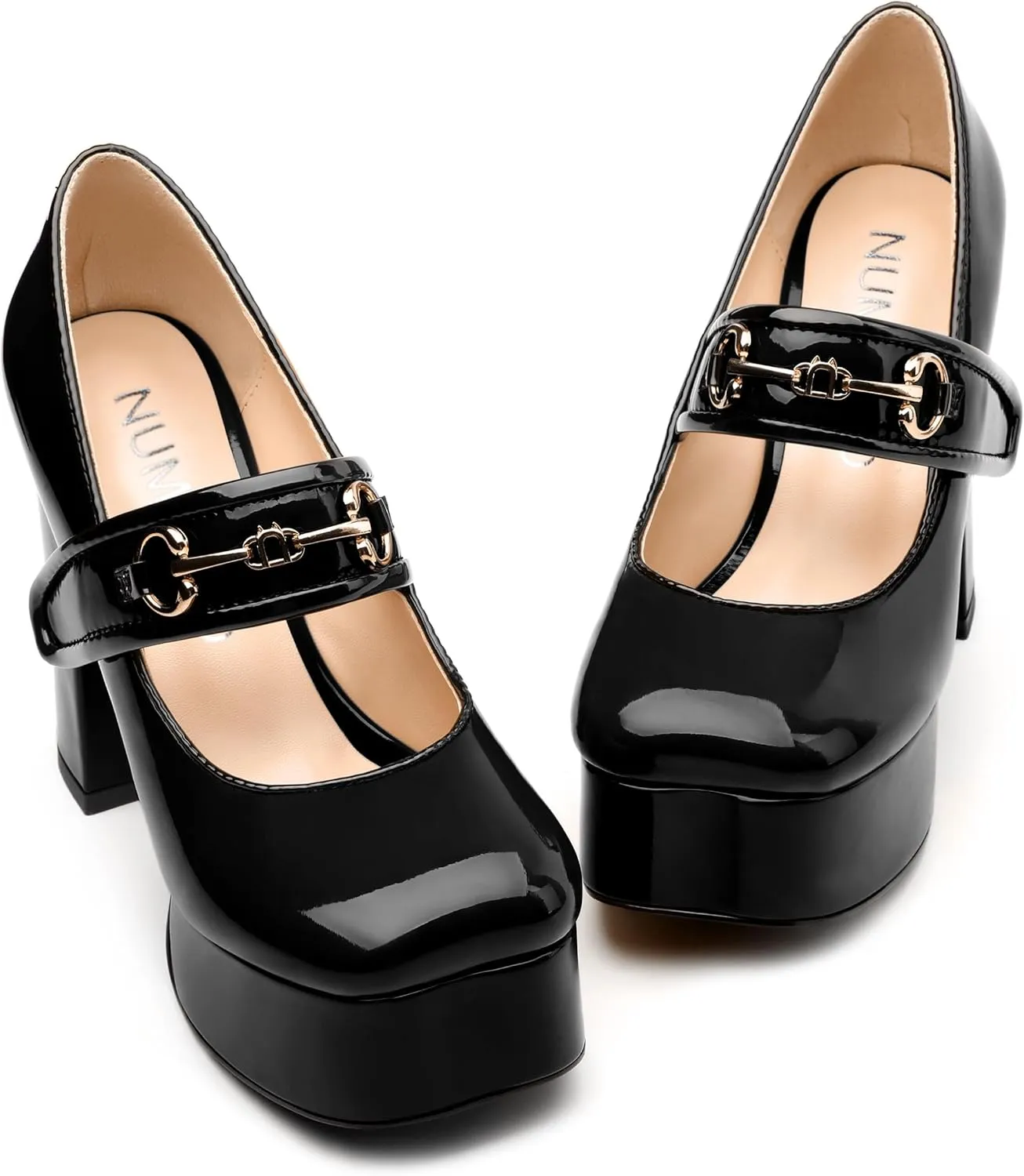 NUMALEO Mary Jane Shoes for Women Platform Mary Jane Heels High Chunky Block Closed Square Toe Strappy Pumps Patent Fashion Sexy Wedding Party Dress Shoes