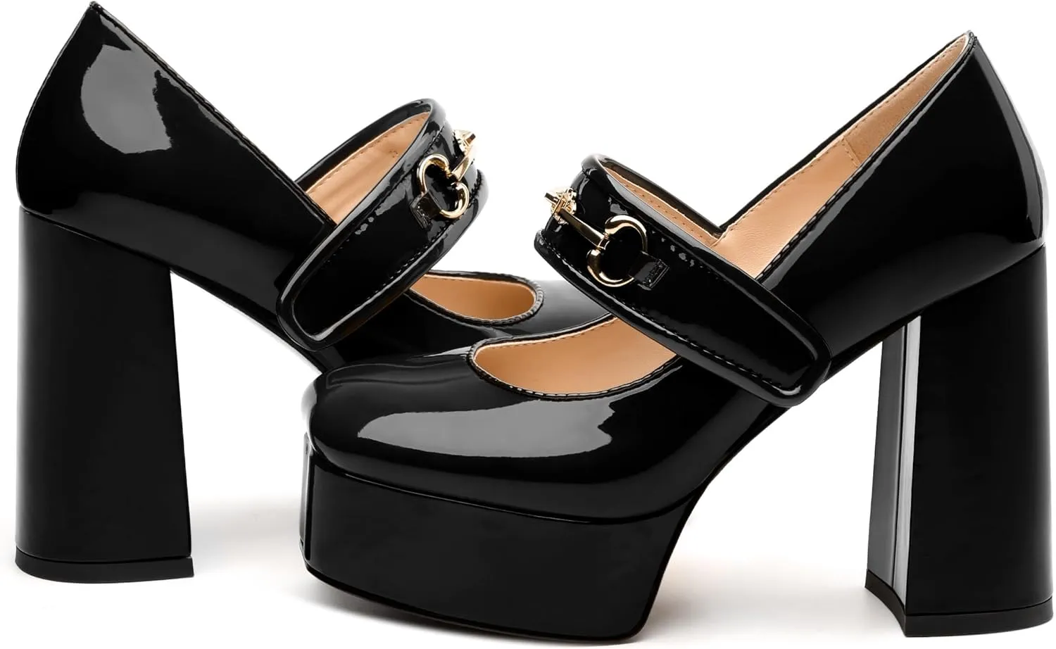 NUMALEO Mary Jane Shoes for Women Platform Mary Jane Heels High Chunky Block Closed Square Toe Strappy Pumps Patent Fashion Sexy Wedding Party Dress Shoes