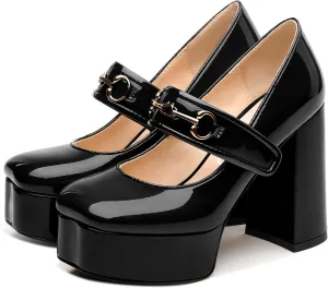 NUMALEO Mary Jane Shoes for Women Platform Mary Jane Heels High Chunky Block Closed Square Toe Strappy Pumps Patent Fashion Sexy Wedding Party Dress Shoes