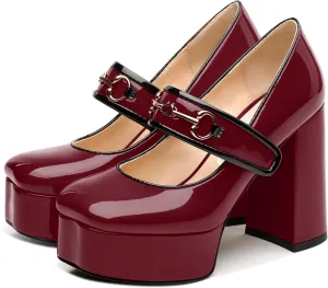 NUMALEO Mary Jane Shoes for Women Platform Mary Jane Heels High Chunky Block Closed Square Toe Strappy Pumps Patent Fashion Sexy Wedding Party Dress Shoes