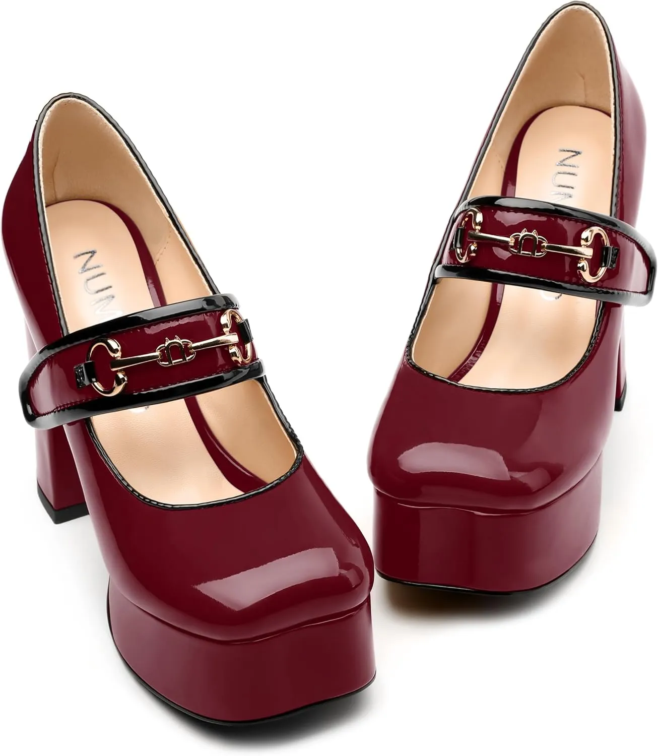 NUMALEO Mary Jane Shoes for Women Platform Mary Jane Heels High Chunky Block Closed Square Toe Strappy Pumps Patent Fashion Sexy Wedding Party Dress Shoes