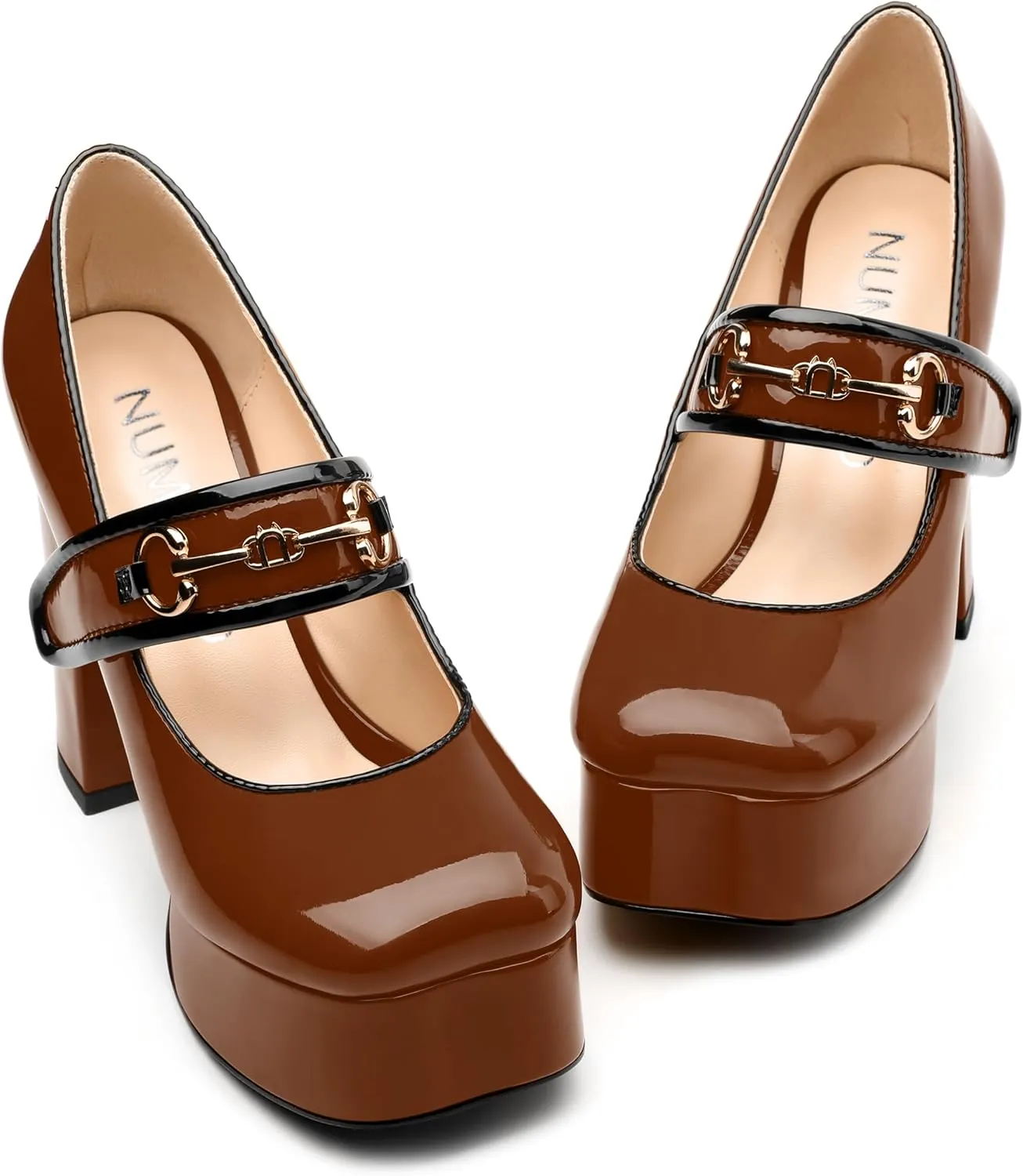 NUMALEO Mary Jane Shoes for Women Platform Mary Jane Heels High Chunky Block Closed Square Toe Strappy Pumps Patent Fashion Sexy Wedding Party Dress Shoes