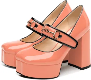 NUMALEO Mary Jane Shoes for Women Platform Mary Jane Heels High Chunky Block Closed Square Toe Strappy Pumps Patent Fashion Sexy Wedding Party Dress Shoes