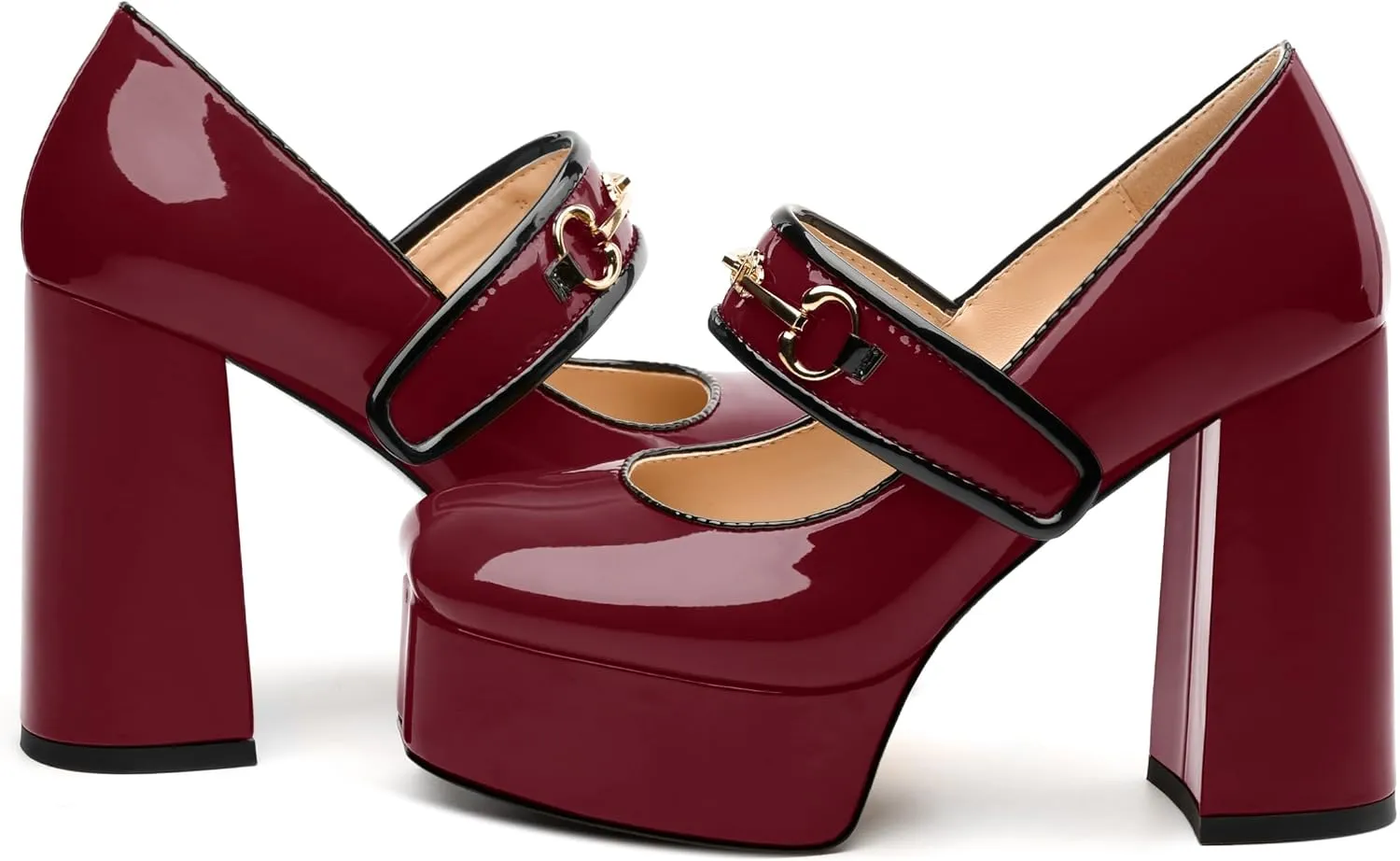 NUMALEO Mary Jane Shoes for Women Platform Mary Jane Heels High Chunky Block Closed Square Toe Strappy Pumps Patent Fashion Sexy Wedding Party Dress Shoes