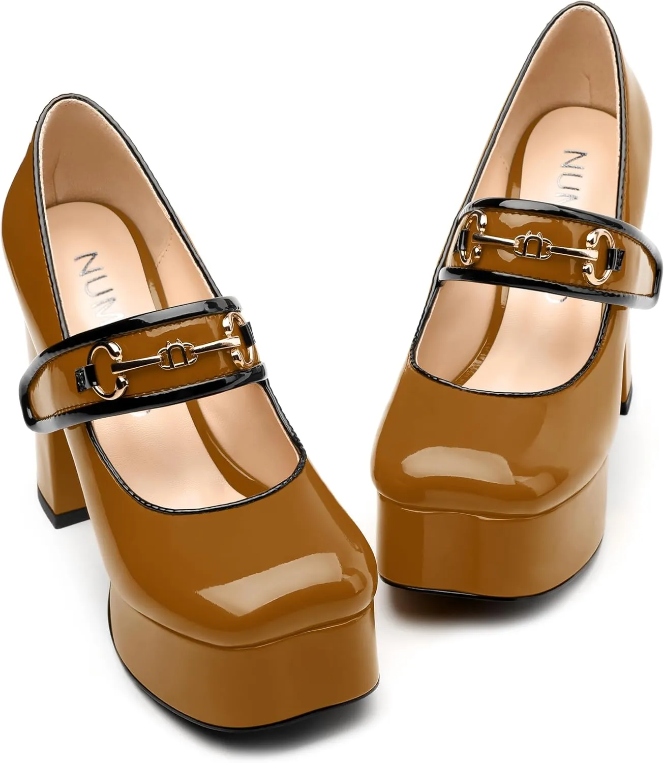 NUMALEO Mary Jane Shoes for Women Platform Mary Jane Heels High Chunky Block Closed Square Toe Strappy Pumps Patent Fashion Sexy Wedding Party Dress Shoes
