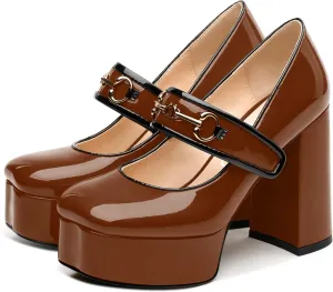 NUMALEO Mary Jane Shoes for Women Platform Mary Jane Heels High Chunky Block Closed Square Toe Strappy Pumps Patent Fashion Sexy Wedding Party Dress Shoes