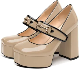 NUMALEO Mary Jane Shoes for Women Platform Mary Jane Heels High Chunky Block Closed Square Toe Strappy Pumps Patent Fashion Sexy Wedding Party Dress Shoes