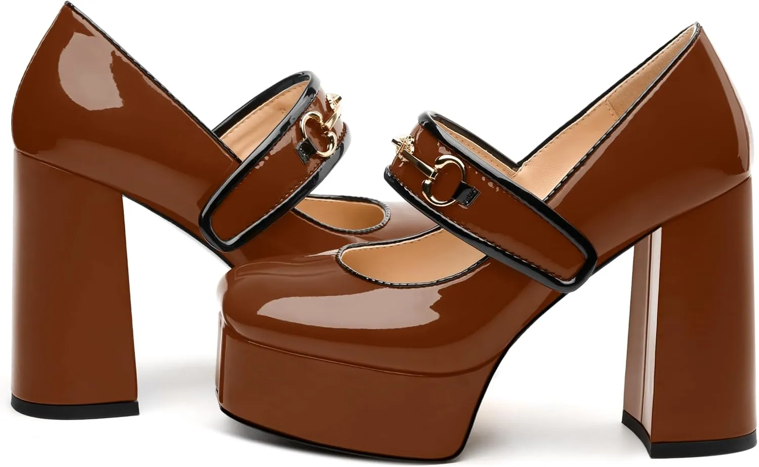 NUMALEO Mary Jane Shoes for Women Platform Mary Jane Heels High Chunky Block Closed Square Toe Strappy Pumps Patent Fashion Sexy Wedding Party Dress Shoes