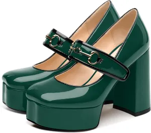 NUMALEO Mary Jane Shoes for Women Platform Mary Jane Heels High Chunky Block Closed Square Toe Strappy Pumps Patent Fashion Sexy Wedding Party Dress Shoes
