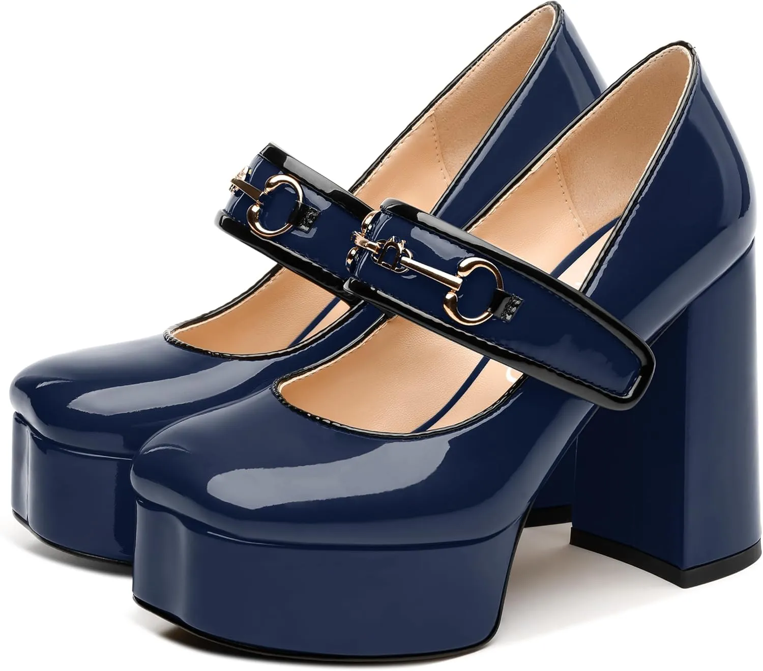 NUMALEO Mary Jane Shoes for Women Platform Mary Jane Heels High Chunky Block Closed Square Toe Strappy Pumps Patent Fashion Sexy Wedding Party Dress Shoes