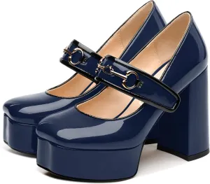 NUMALEO Mary Jane Shoes for Women Platform Mary Jane Heels High Chunky Block Closed Square Toe Strappy Pumps Patent Fashion Sexy Wedding Party Dress Shoes
