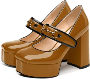NUMALEO Mary Jane Shoes for Women Platform Mary Jane Heels High Chunky Block Closed Square Toe Strappy Pumps Patent Fashion Sexy Wedding Party Dress Shoes