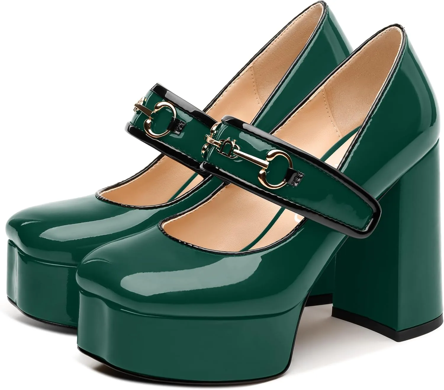 NUMALEO Mary Jane Shoes for Women Platform Mary Jane Heels High Chunky Block Closed Square Toe Strappy Pumps Patent Fashion Sexy Wedding Party Dress Shoes