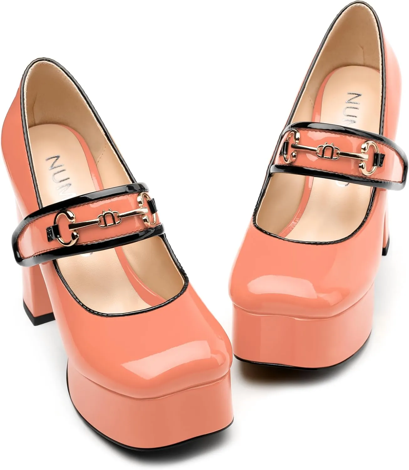 NUMALEO Mary Jane Shoes for Women Platform Mary Jane Heels High Chunky Block Closed Square Toe Strappy Pumps Patent Fashion Sexy Wedding Party Dress Shoes