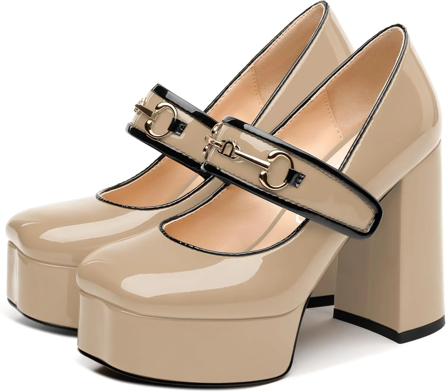 NUMALEO Mary Jane Shoes for Women Platform Mary Jane Heels High Chunky Block Closed Square Toe Strappy Pumps Patent Fashion Sexy Wedding Party Dress Shoes