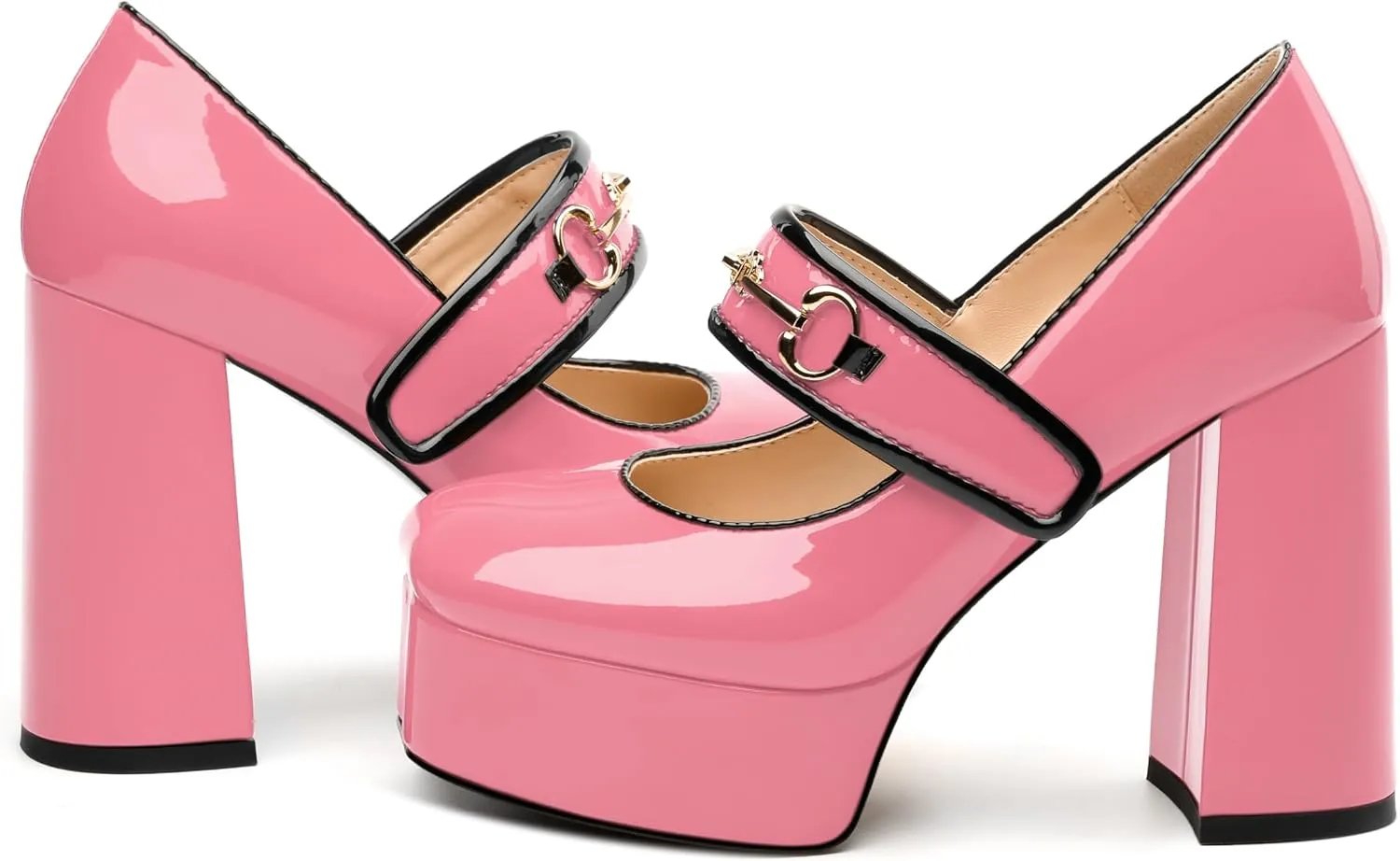 NUMALEO Mary Jane Shoes for Women Platform Mary Jane Heels High Chunky Block Closed Square Toe Strappy Pumps Patent Fashion Sexy Wedding Party Dress Shoes