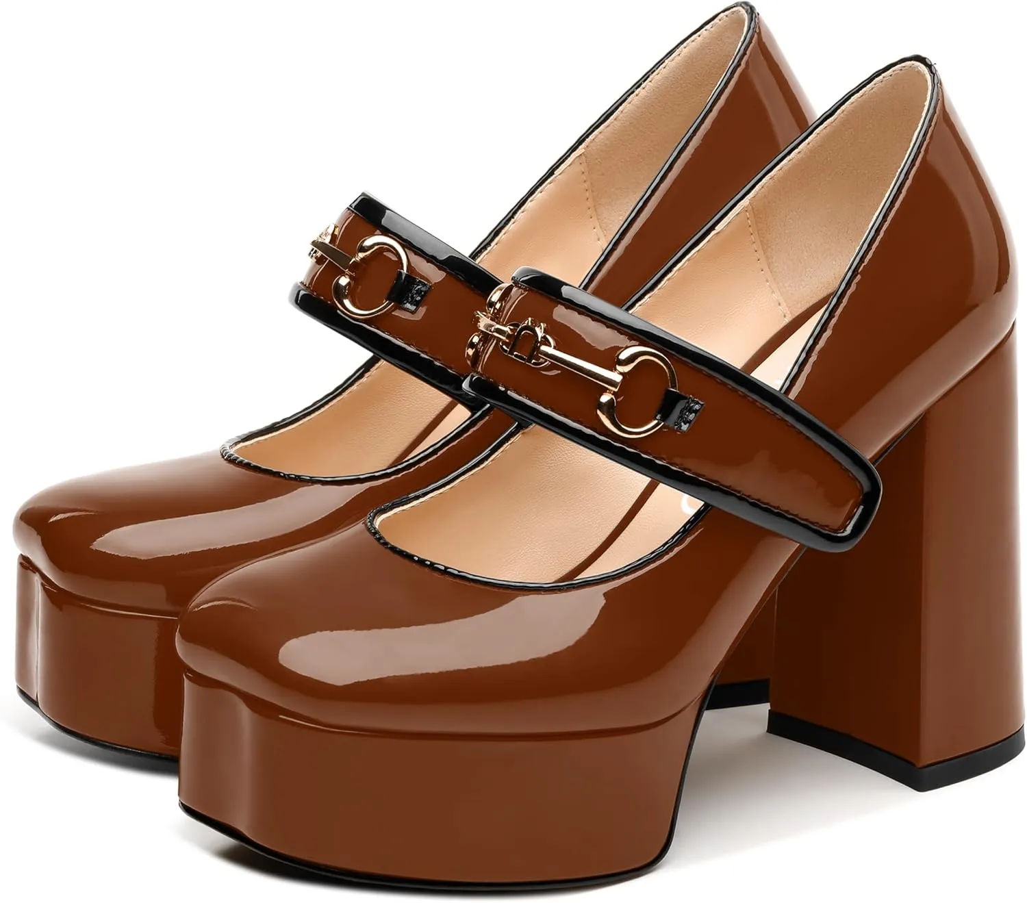 NUMALEO Mary Jane Shoes for Women Platform Mary Jane Heels High Chunky Block Closed Square Toe Strappy Pumps Patent Fashion Sexy Wedding Party Dress Shoes