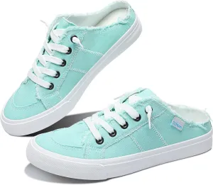 Obtaom Women Canvas Mules Memory Foam Clipper Fashion Sneakers Comfortable Slip-On Mule Backless Holiday Shoes