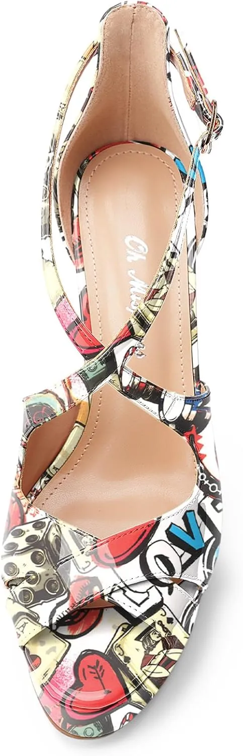 Oh Mispares Platform High Heel Sandals Peep Toe Stiletto Crisscross Strappy Buckle 5 inch Heels Dressy Heeled Sandals for Women/Girls