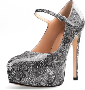Oh Mispares Women's Platform Stiletto Heels Closed Round Toe Pumps Office Ladies Mary Jane Strap Heeled Pumps Fashion 5.3" Heel Wedding Party Dress Shoes