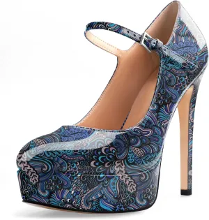 Oh Mispares Women's Platform Stiletto Heels Closed Round Toe Pumps Office Ladies Mary Jane Strap Heeled Pumps Fashion 5.3" Heel Wedding Party Dress Shoes