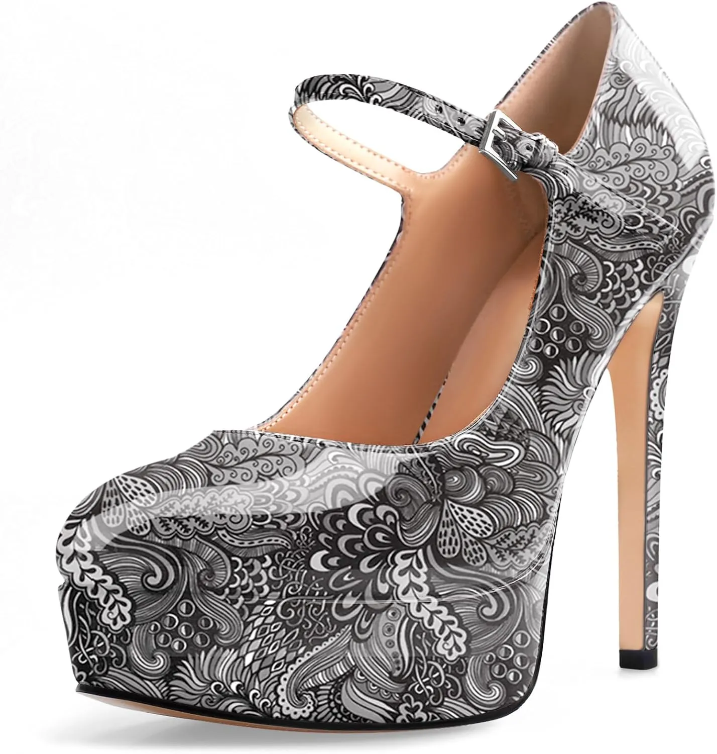 Oh Mispares Women's Platform Stiletto Heels Closed Round Toe Pumps Office Ladies Mary Jane Strap Heeled Pumps Fashion 5.3" Heel Wedding Party Dress Shoes