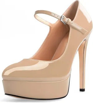 Oh Mispares Women's Platform Stiletto Heels Closed Round Toe Pumps Office Ladies Mary Jane Strap Heeled Pumps Fashion 5.3" Heel Wedding Party Dress Shoes