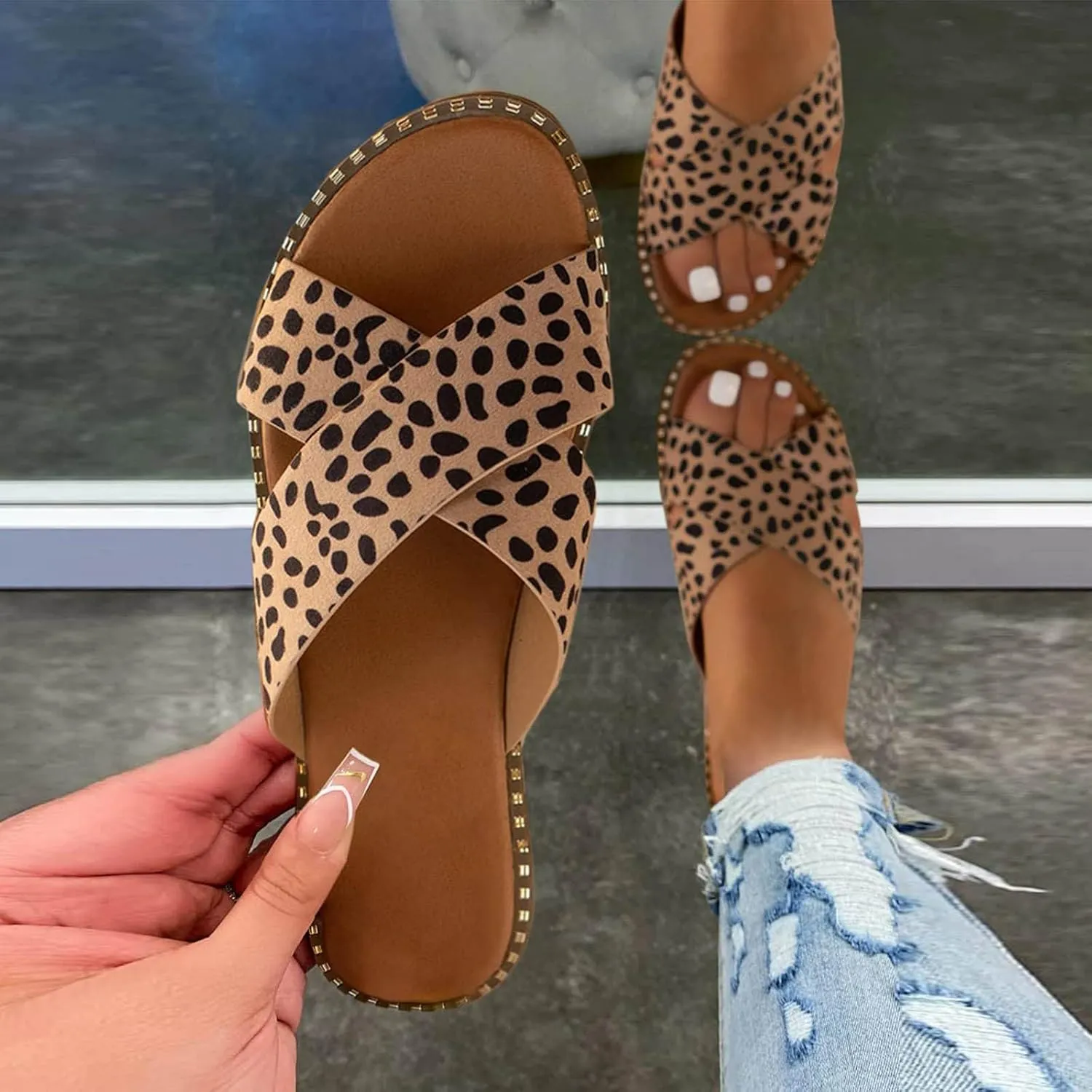 oiangi Slide Sandals Women Studded Flats Summer Casual Open Toe Slip-On Mule Crossed Strap Slipper Comfortable Ladies Shoes