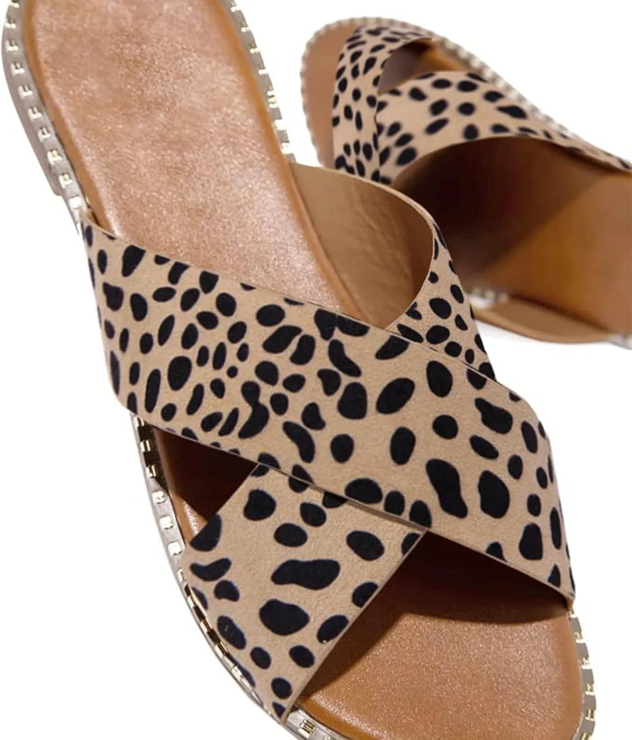 oiangi Slide Sandals Women Studded Flats Summer Casual Open Toe Slip-On Mule Crossed Strap Slipper Comfortable Ladies Shoes