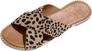 oiangi Slide Sandals Women Studded Flats Summer Casual Open Toe Slip-On Mule Crossed Strap Slipper Comfortable Ladies Shoes
